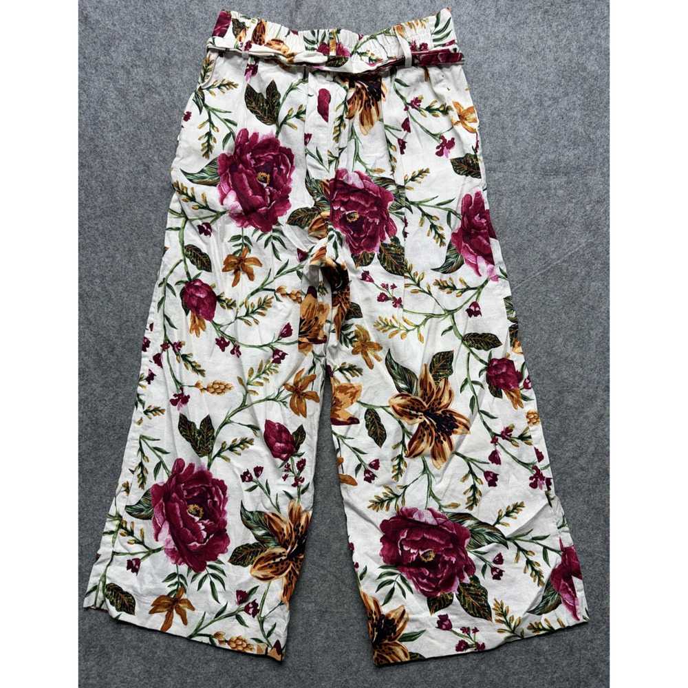 Joie Pants Womens 4 Pink White Floral Linen Blend Wide Leg Paperbag Waist Crop - Picture 1 of 14